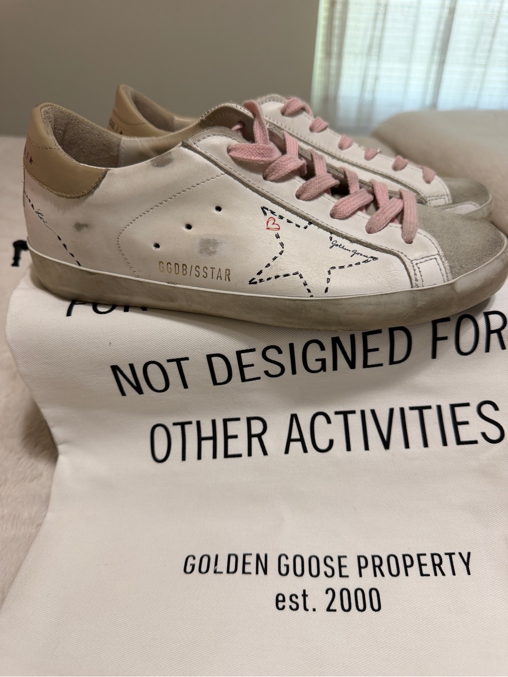 Golden Goose White Sneakers with Pink Laces and Beige Trim - Picture 1 of 8